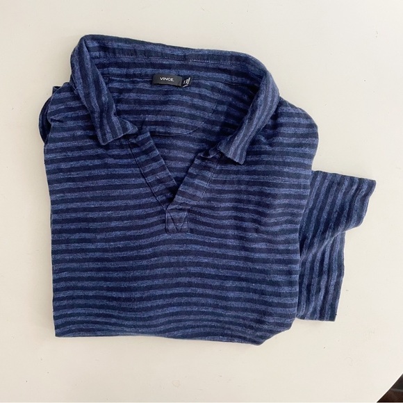Vince Open Collar Linen Stripe Polo Blue Black Men’s Size XXL - Picture 1 of 7